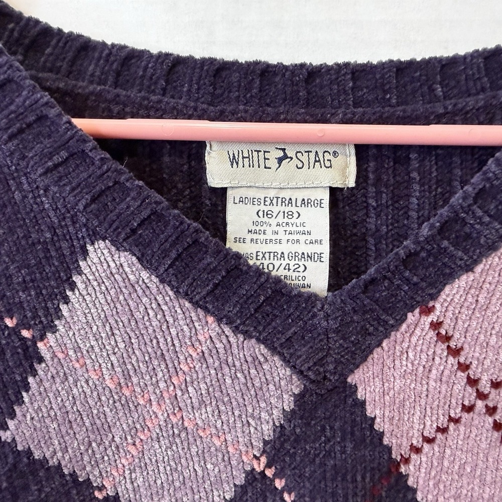 White Stag Vintage Y2K Women's XL Chenille Argyle V Neck Sweater Deep Purple - Picture 6 of 7